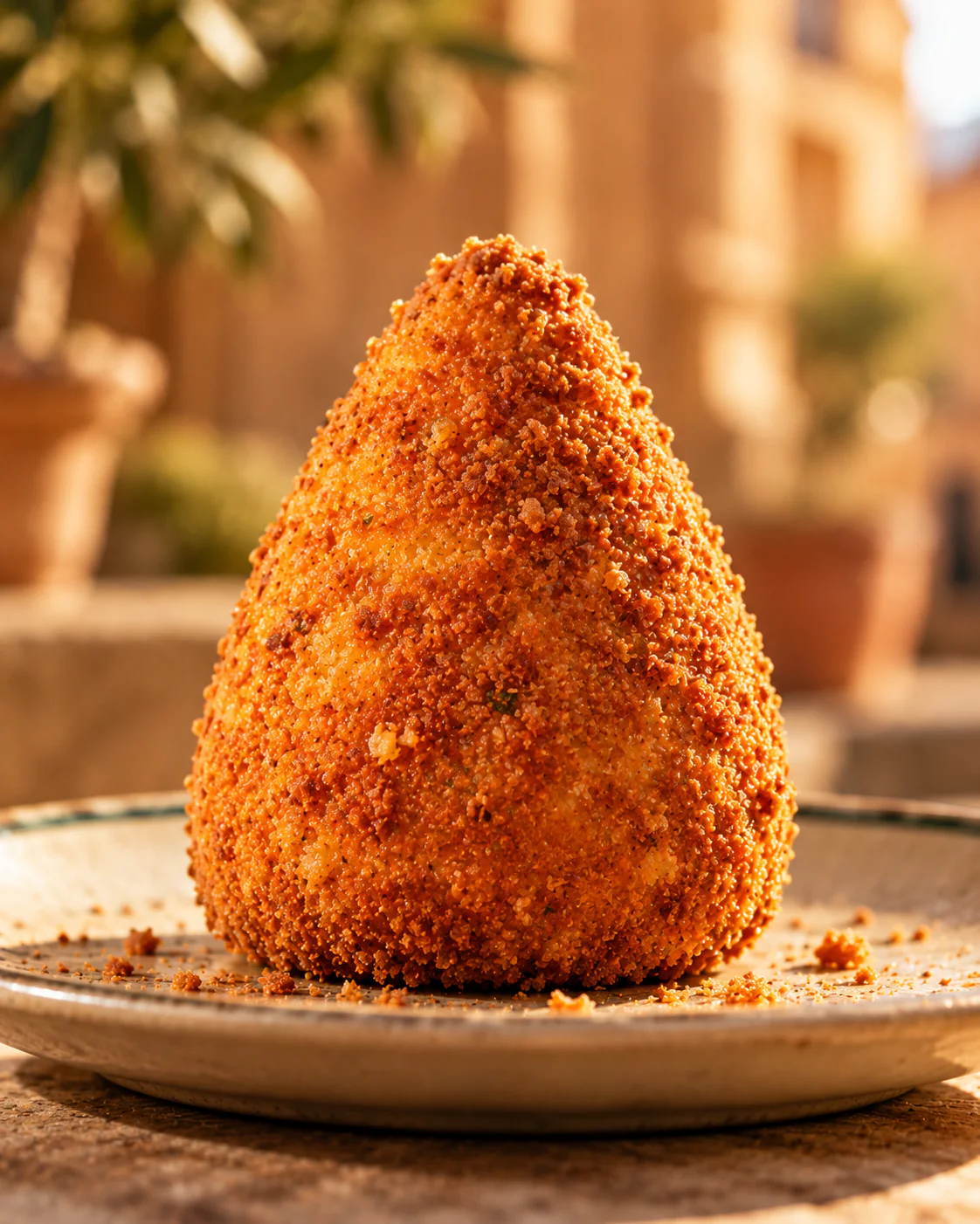 A single cone-shaped Sicilian arancino with a deep golden, crumb-crusted shell on a plate in warm afternoon light.
