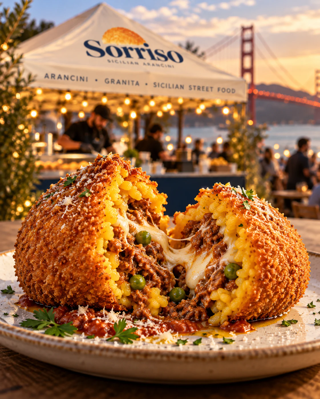 An arancino pulled apart close up, showing saffron rice, meat ragù, peas and stretching melted mozzarella.