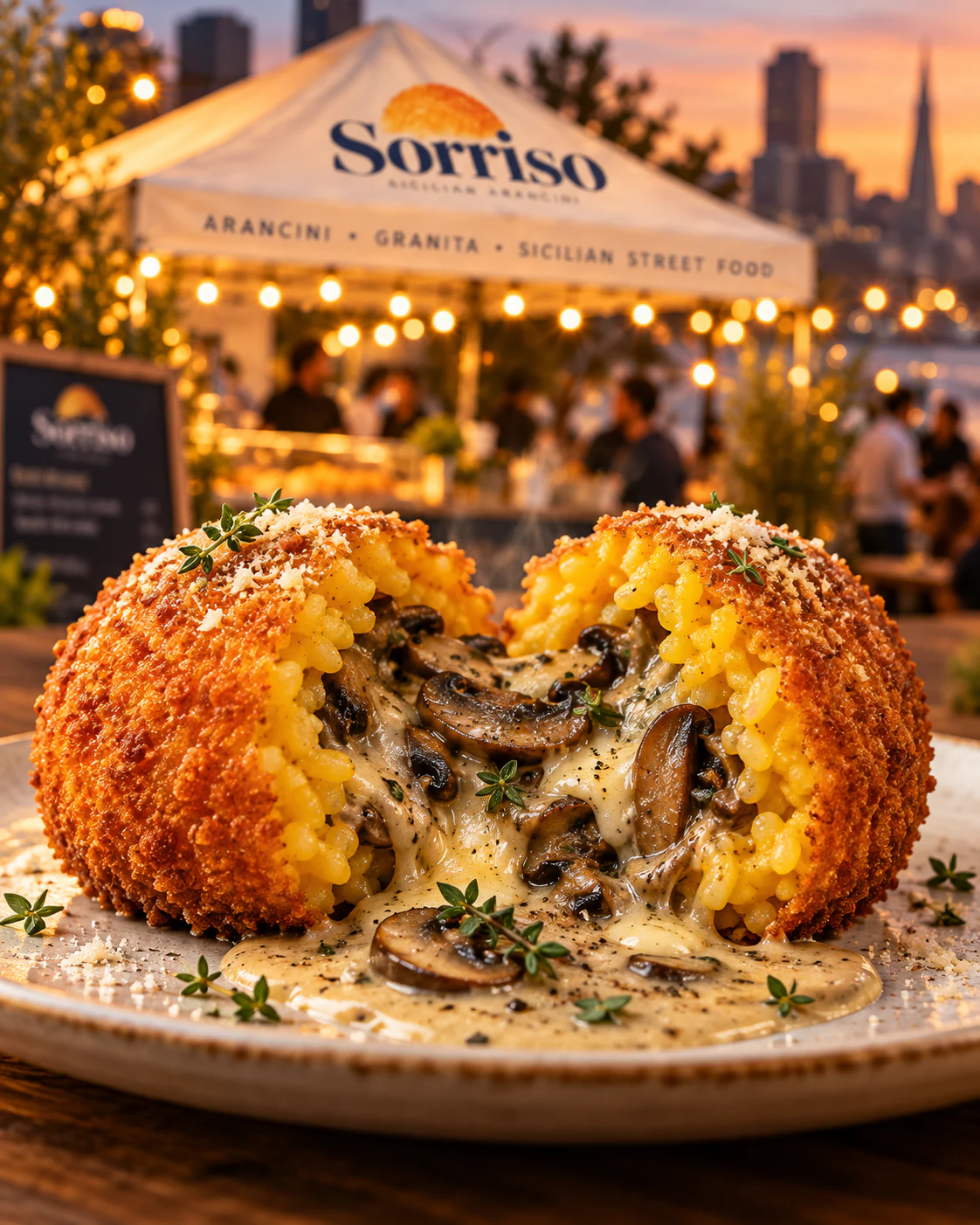 Two arancini in a white bowl, one cut in half to show a molten cheese center.