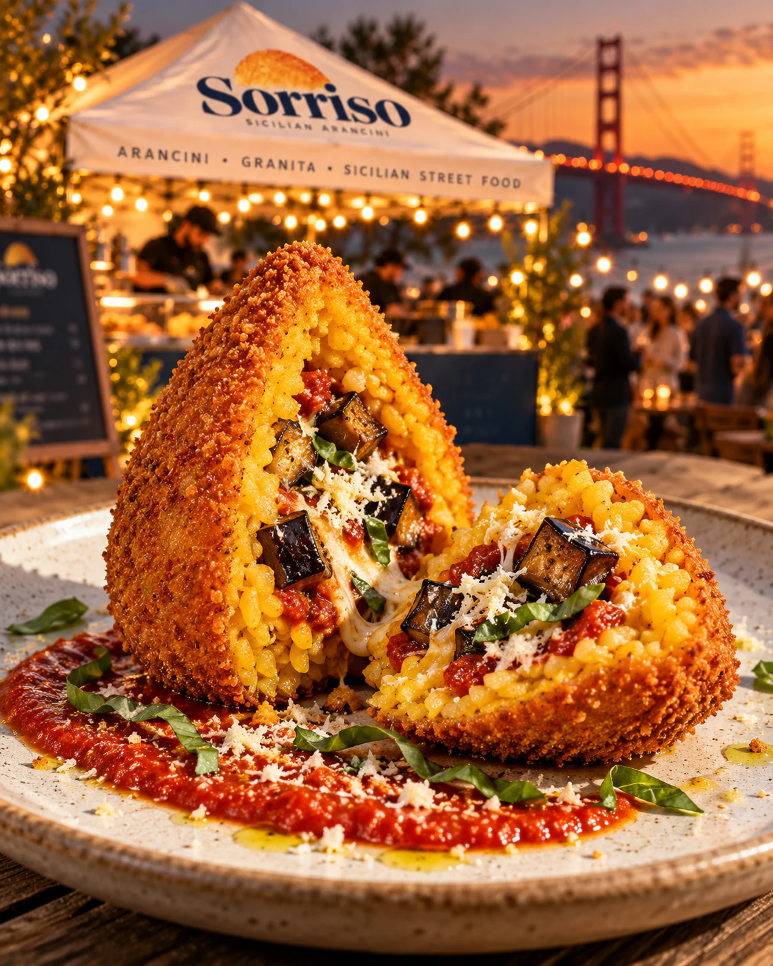 Round golden arancini in a small bowl on a bright yellow patterned tablecloth.
