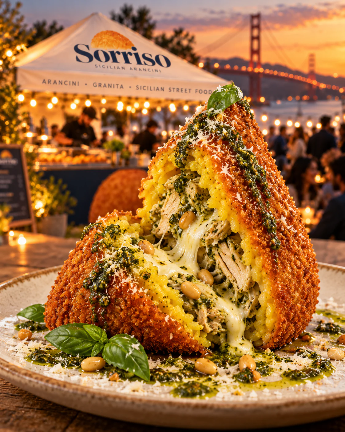Two arancini on a white dish on a dark wood table, one torn open to show a soft, savory filling.