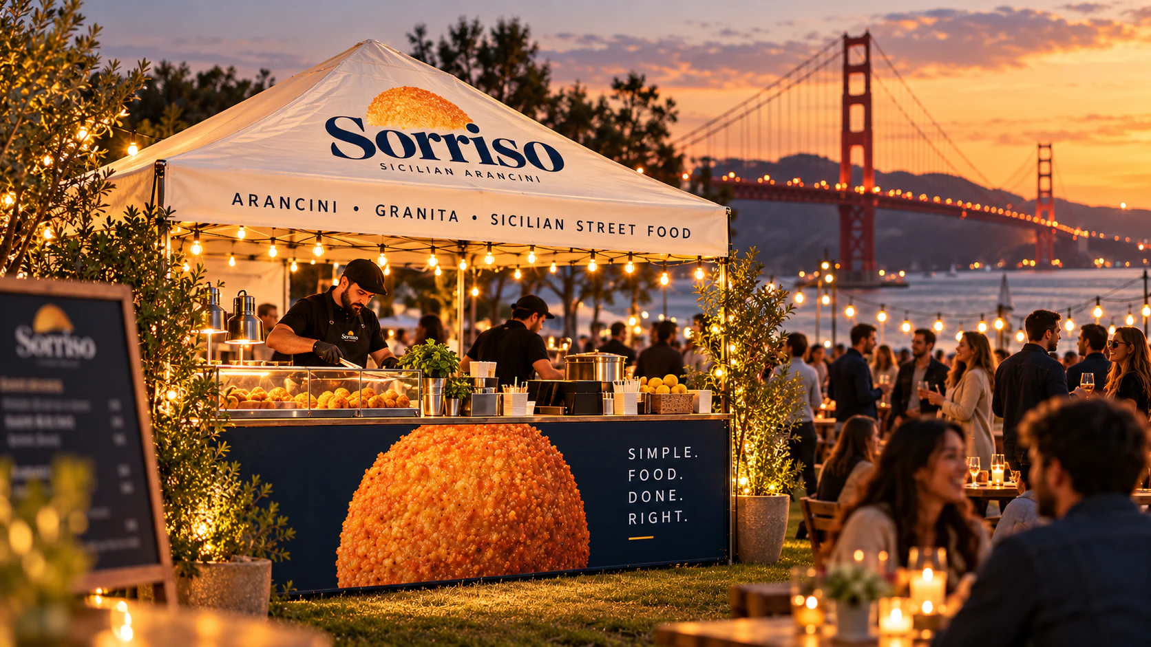 A Sorriso pop-up tent at a night market under string lights, with a cook at the counter, a big arancino printed on the counter front, a crowd around it and a chalkboard menu: Classic Ragù 12, Mushroom 11, Norma 10, Chicken Pesto 12, and Granita 5 in Limone, Arancia Rossa and Caffè.
