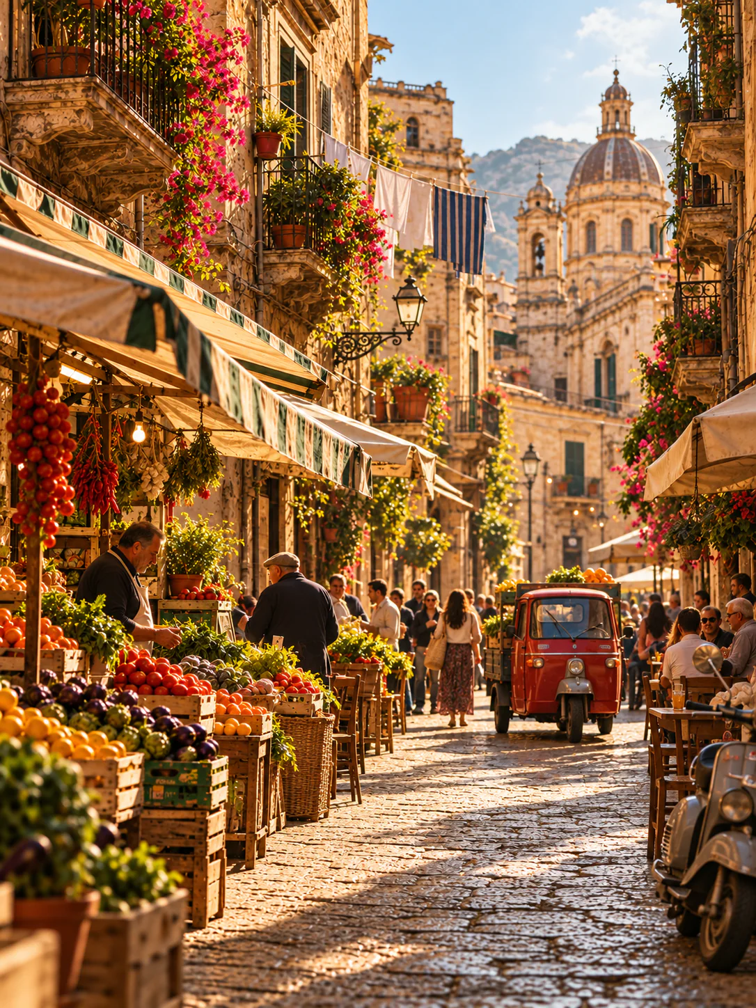 A sunny Sicilian market street lined with fruit and vegetable stalls and striped awnings, leading to a baroque domed church.